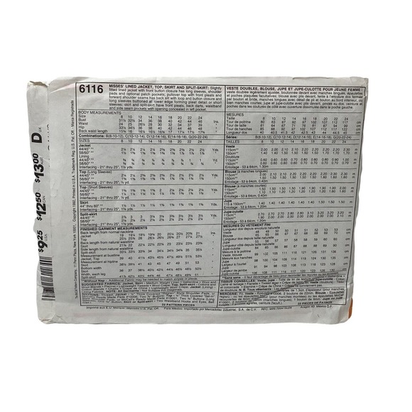 Mccalls 6116 Misses Lined Jacket Top Skirt Split Skirt Sewing Pattern Size 14-18 - Picture 2 of 6